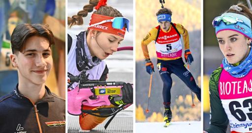 Diese vier Skijäger aus Thüringen sind bei der Nachwuchs-Weltmeisterschaft in Östersund dabei (von links): Karl Julian Schütze, Sydney-Laureen Wüstling (beide WSV Oberhof), Hannes Lipfert (Eintracht Frankenhain) und Lena Siegmund (Großbreitenbacher SV). Fotos: Karsten Tischer, Gerhard König, Imago/Ernst Wukits (2)